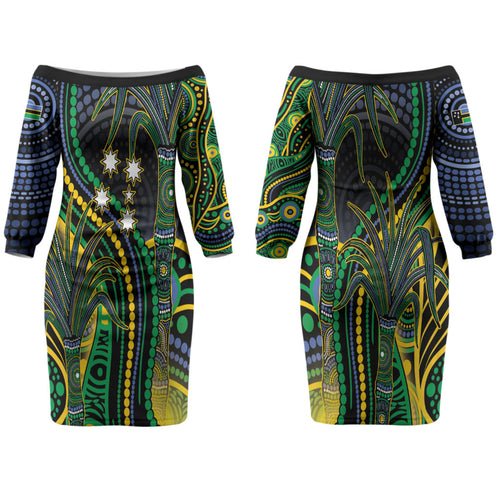 Australian South Sea Islanders National Recognition Day Couples Matching Off The Shoulder Long Sleeve Dress and Long Sleeve Button Shirt Southern Cross Aboriginal Dot Art Sugarcane