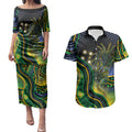 Australian South Sea Islander National Recognition Day Couples Matching Puletasi and Hawaiian Shirt Southern Cross Aboriginal Dot Art Sugarcane
