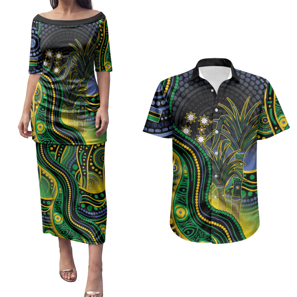 Australian South Sea Islander National Recognition Day Couples Matching Puletasi and Hawaiian Shirt Southern Cross Aboriginal Dot Art Sugarcane