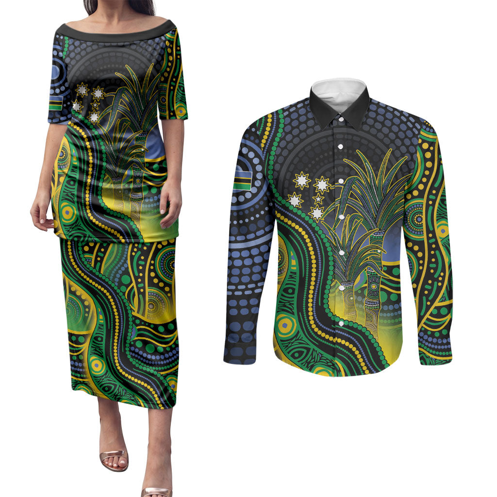 Australian South Sea Islander National Recognition Day Couples Matching Puletasi and Long Sleeve Button Shirt Southern Cross Aboriginal Dot Art Sugarcane