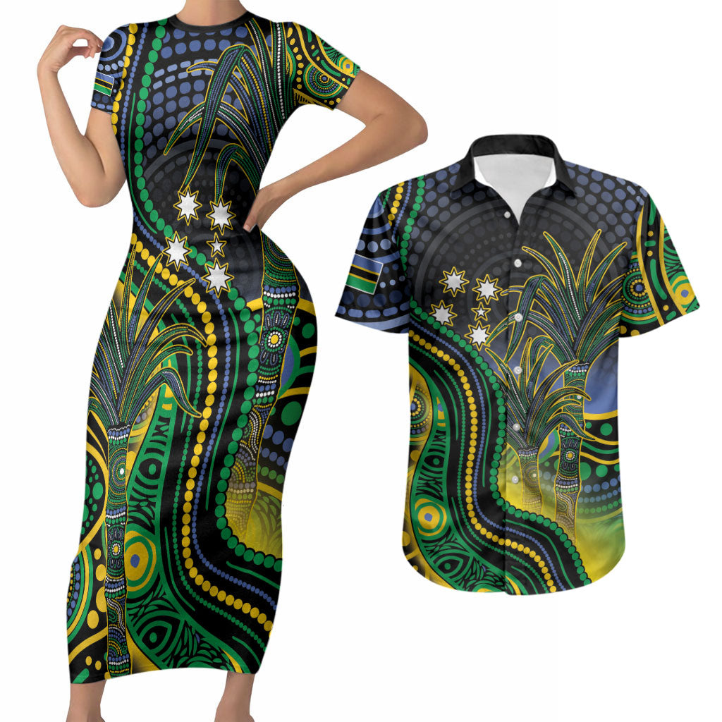 Australian South Sea Islanders National Recognition Day Couples Matching Short Sleeve Bodycon Dress and Hawaiian Shirt Southern Cross Aboriginal Dot Art Sugarcane