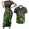 Australian South Sea Islanders National Recognition Day Couples Matching Short Sleeve Bodycon Dress and Hawaiian Shirt Southern Cross Aboriginal Dot Art Sugarcane