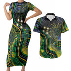 Australian South Sea Islanders National Recognition Day Couples Matching Short Sleeve Bodycon Dress and Hawaiian Shirt Southern Cross Aboriginal Dot Art Sugarcane