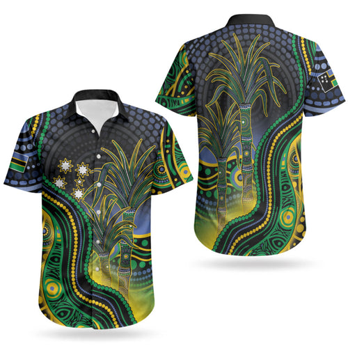 Australian South Sea Islander National Recognition Day Couples Matching Short Sleeve Bodycon Dress and Hawaiian Shirt Southern Cross Aboriginal Dot Art Sugarcane