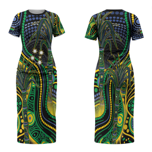 Australian South Sea Islander National Recognition Day Couples Matching Short Sleeve Bodycon Dress and Hawaiian Shirt Southern Cross Aboriginal Dot Art Sugarcane