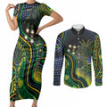 Australian South Sea Islanders National Recognition Day Couples Matching Short Sleeve Bodycon Dress and Long Sleeve Button Shirt Southern Cross Aboriginal Dot Art Sugarcane