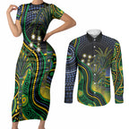Australian South Sea Islanders National Recognition Day Couples Matching Short Sleeve Bodycon Dress and Long Sleeve Button Shirt Southern Cross Aboriginal Dot Art Sugarcane