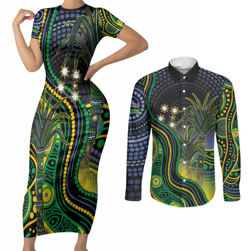 Australian South Sea Islanders National Recognition Day Couples Matching Short Sleeve Bodycon Dress and Long Sleeve Button Shirt Southern Cross Aboriginal Dot Art Sugarcane