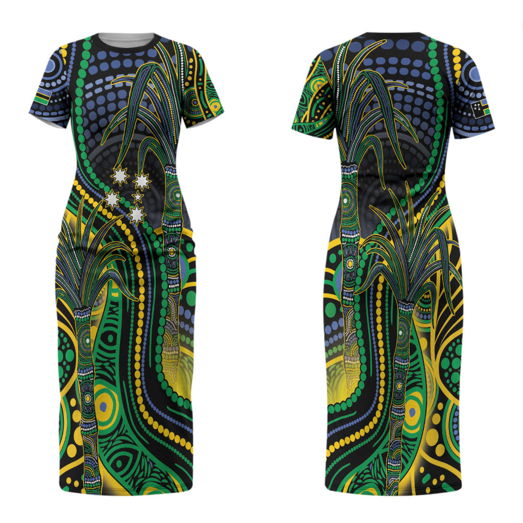 Australian South Sea Islanders National Recognition Day Couples Matching Short Sleeve Bodycon Dress and Long Sleeve Button Shirt Southern Cross Aboriginal Dot Art Sugarcane
