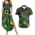 Australian South Sea Islander National Recognition Day Couples Matching Summer Maxi Dress and Hawaiian Shirt Southern Cross Aboriginal Dot Art Sugarcane