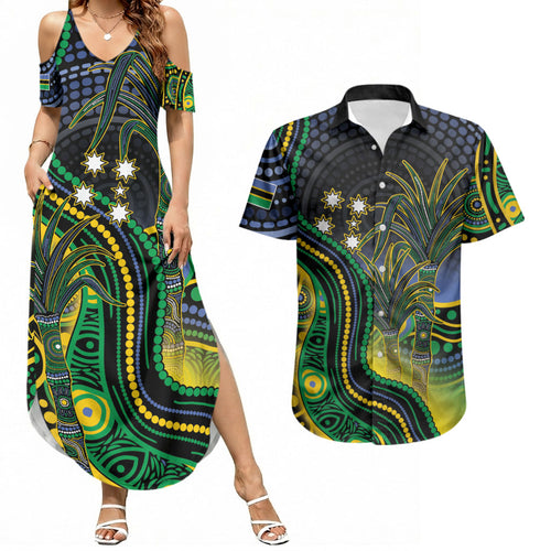 Australian South Sea Islander National Recognition Day Couples Matching Summer Maxi Dress and Hawaiian Shirt Southern Cross Aboriginal Dot Art Sugarcane