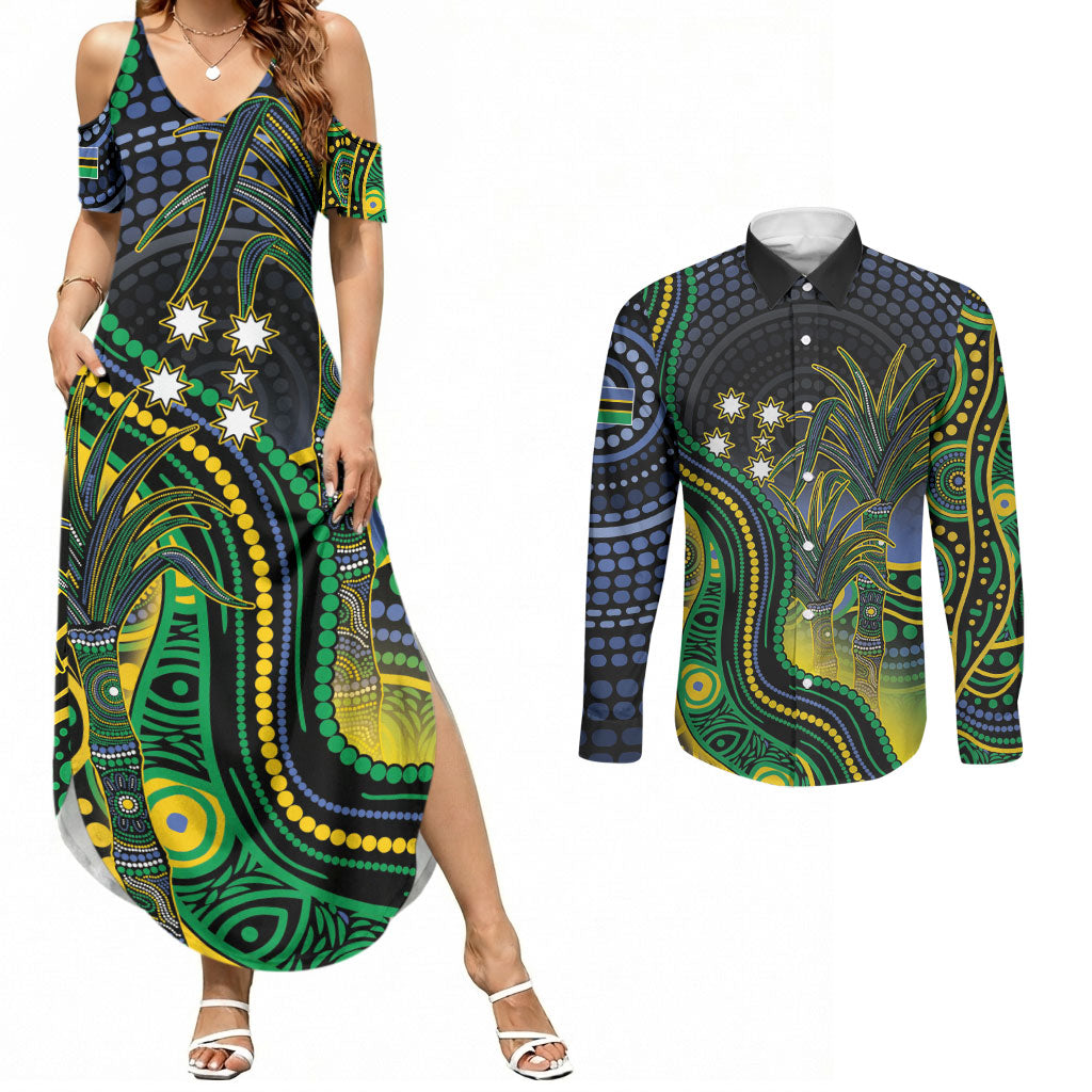 Australian South Sea Islanders National Recognition Day Couples Matching Summer Maxi Dress and Long Sleeve Button Shirt Southern Cross Aboriginal Dot Art Sugarcane