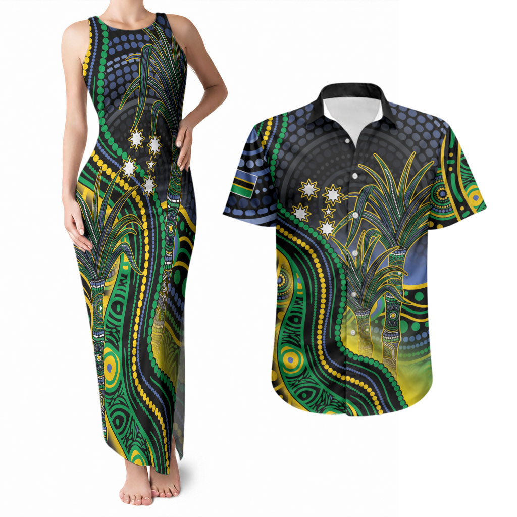 Australian South Sea Islanders National Recognition Day Couples Matching Tank Maxi Dress and Hawaiian Shirt Southern Cross Aboriginal Dot Art Sugarcane