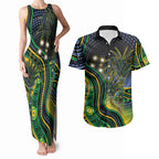 Australian South Sea Islanders National Recognition Day Couples Matching Tank Maxi Dress and Hawaiian Shirt Southern Cross Aboriginal Dot Art Sugarcane