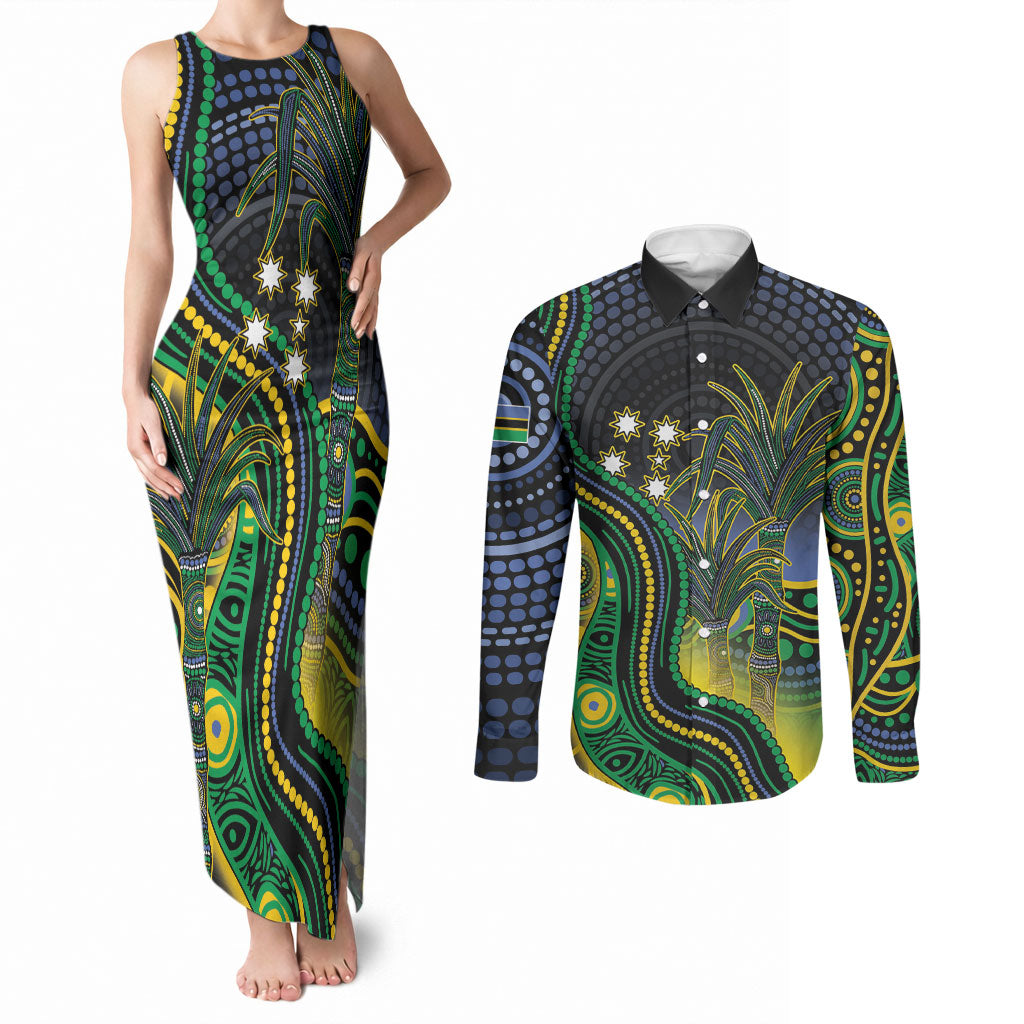 Australian South Sea Islanders National Recognition Day Couples Matching Tank Maxi Dress and Long Sleeve Button Shirt Southern Cross Aboriginal Dot Art Sugarcane
