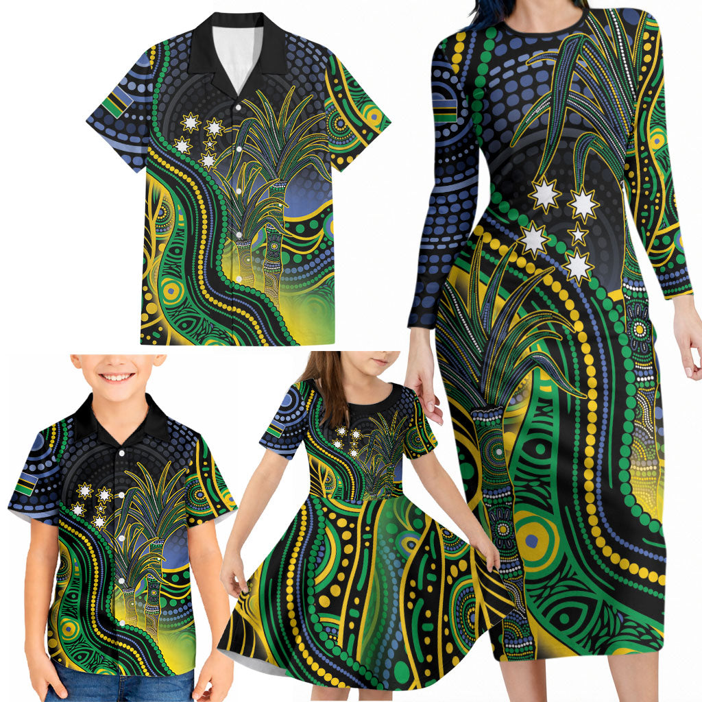Australian South Sea Islander National Recognition Day Family Matching Long Sleeve Bodycon Dress and Hawaiian Shirt Southern Cross Aboriginal Dot Art Sugarcane