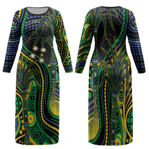 Australian South Sea Islander National Recognition Day Family Matching Long Sleeve Bodycon Dress and Hawaiian Shirt Southern Cross Aboriginal Dot Art Sugarcane