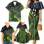 Australian South Sea Islander National Recognition Day Family Matching Mermaid Dress and Hawaiian Shirt Southern Cross Aboriginal Dot Art Sugarcane