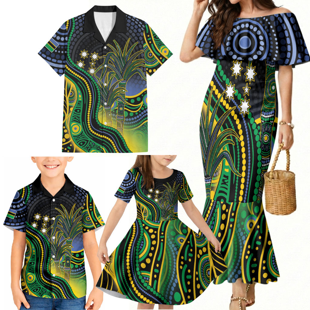 Australian South Sea Islander National Recognition Day Family Matching Mermaid Dress and Hawaiian Shirt Southern Cross Aboriginal Dot Art Sugarcane
