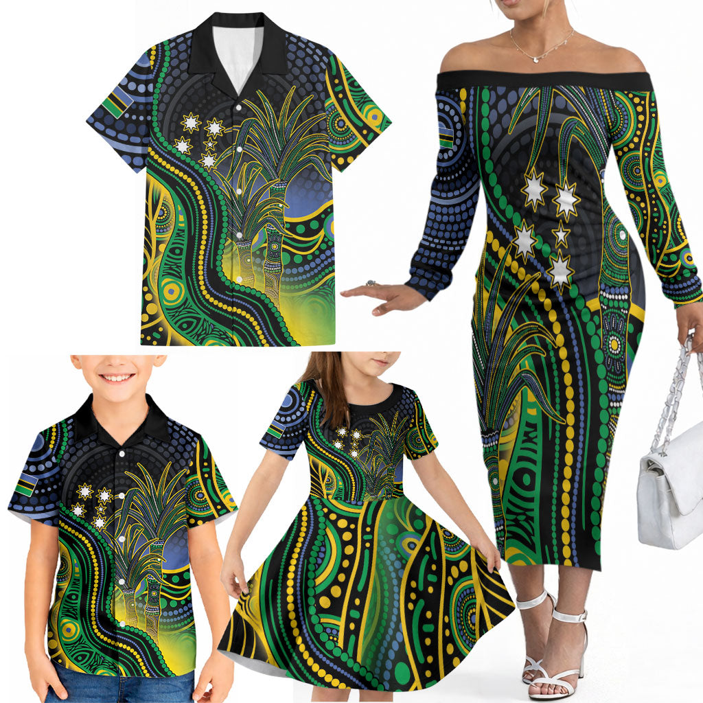 Australian South Sea Islander National Recognition Day Family Matching Off The Shoulder Long Sleeve Dress and Hawaiian Shirt Southern Cross Aboriginal Dot Art Sugarcane
