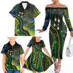 Australian South Sea Islander National Recognition Day Family Matching Off The Shoulder Long Sleeve Dress and Hawaiian Shirt Southern Cross Aboriginal Dot Art Sugarcane