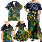 Australian South Sea Islander National Recognition Day Family Matching Off Shoulder Maxi Dress and Hawaiian Shirt Southern Cross Aboriginal Dot Art Sugarcane