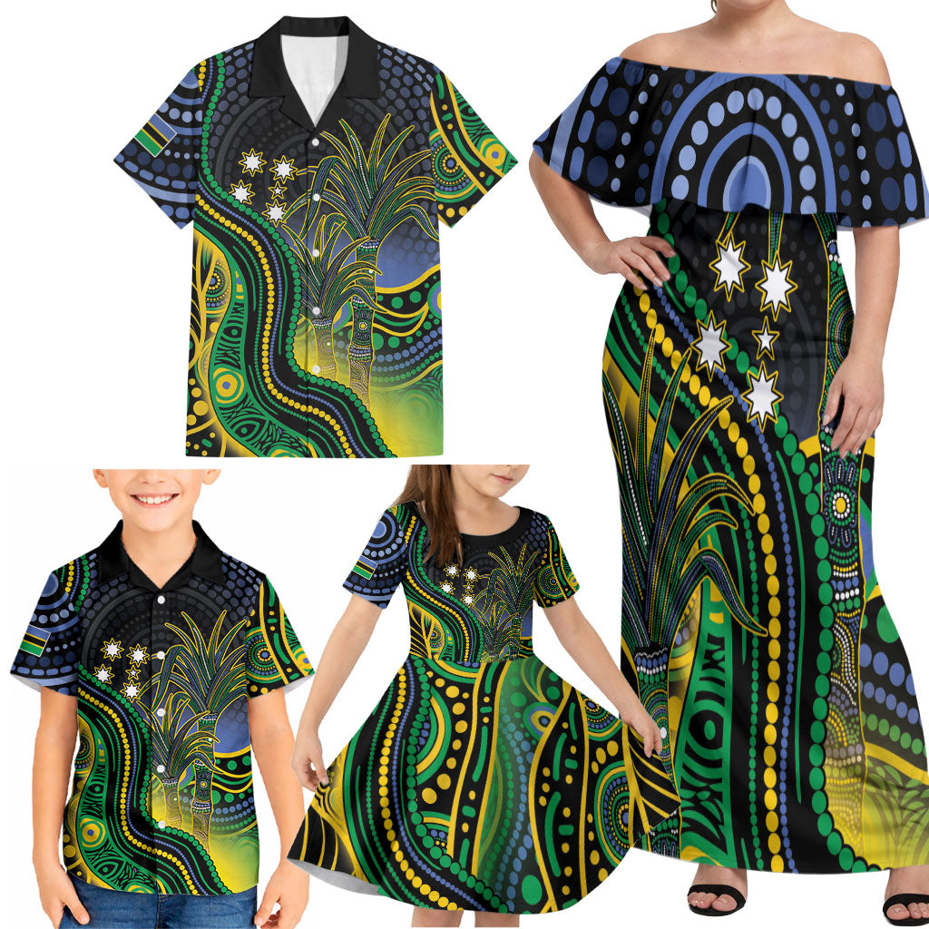Australian South Sea Islander National Recognition Day Family Matching Off Shoulder Maxi Dress and Hawaiian Shirt Southern Cross Aboriginal Dot Art Sugarcane