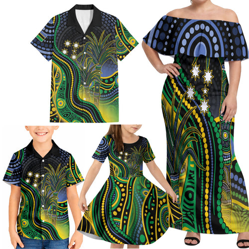 Australian South Sea Islander National Recognition Day Family Matching Off Shoulder Maxi Dress and Hawaiian Shirt Southern Cross Aboriginal Dot Art Sugarcane