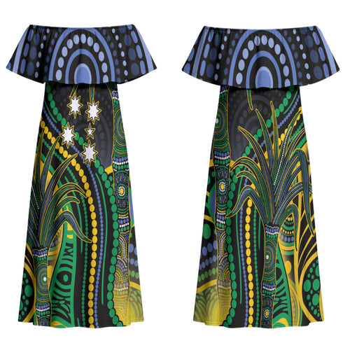 Australian South Sea Islander National Recognition Day Family Matching Off Shoulder Maxi Dress and Hawaiian Shirt Southern Cross Aboriginal Dot Art Sugarcane