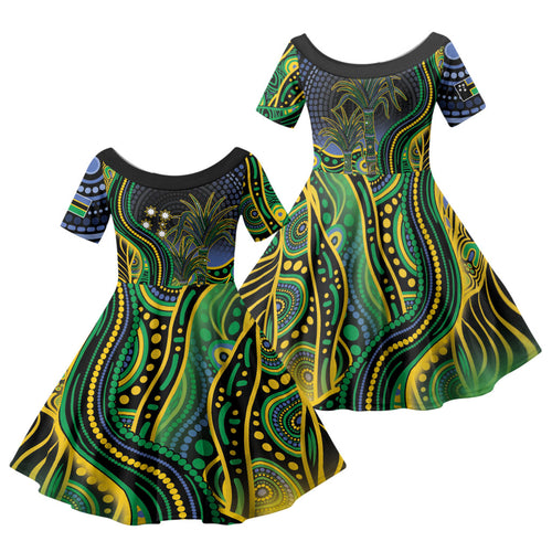 Australian South Sea Islander National Recognition Day Family Matching Off Shoulder Maxi Dress and Hawaiian Shirt Southern Cross Aboriginal Dot Art Sugarcane