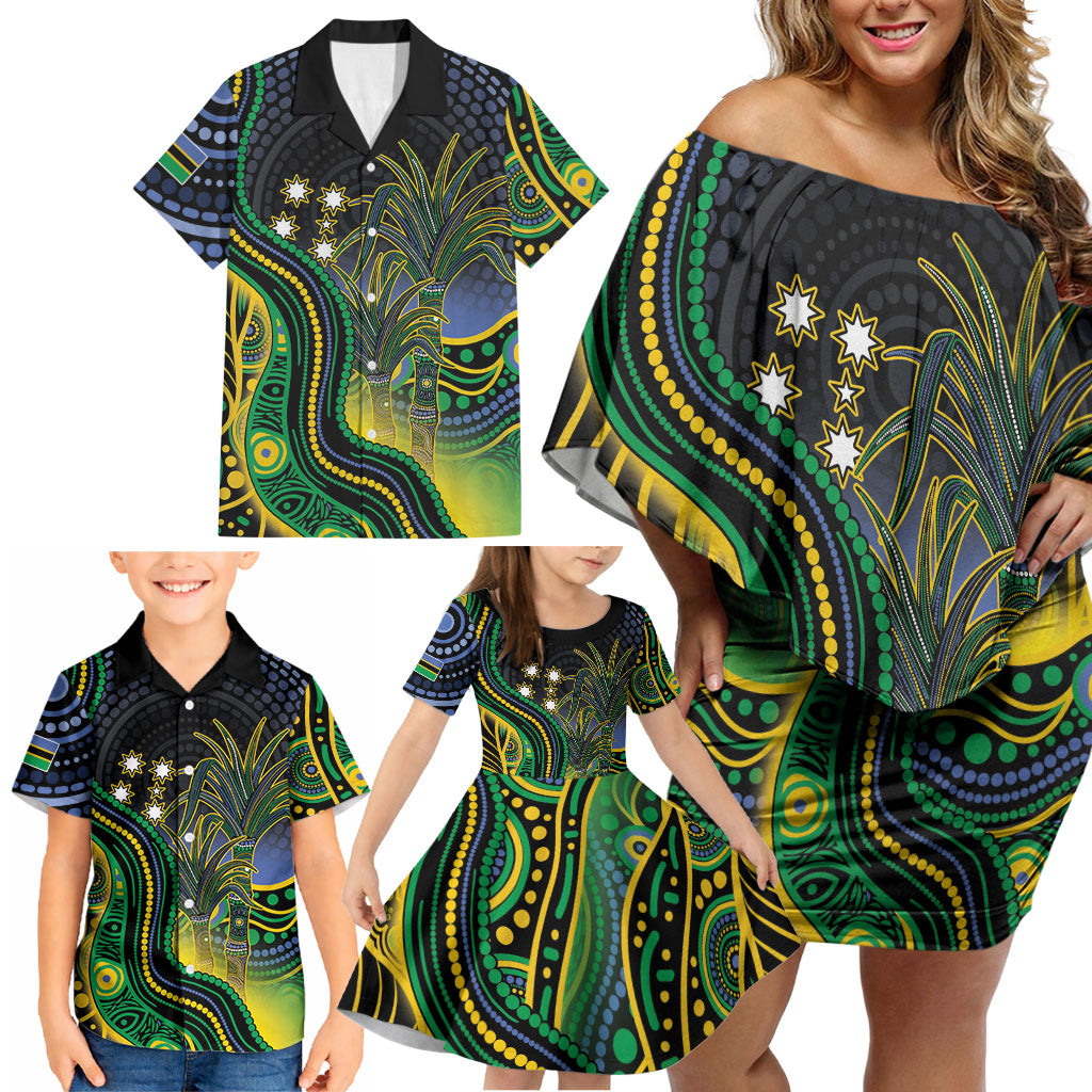 Australian South Sea Islanders National Recognition Day Family Matching Off Shoulder Short Dress and Hawaiian Shirt Southern Cross Aboriginal Dot Art Sugarcane