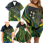 Australian South Sea Islanders National Recognition Day Family Matching Off Shoulder Short Dress and Hawaiian Shirt Southern Cross Aboriginal Dot Art Sugarcane