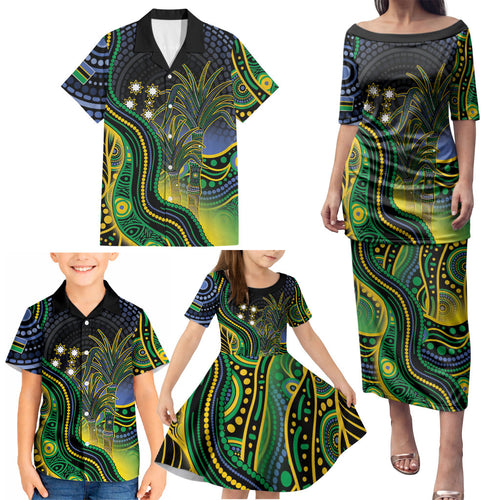 Australian South Sea Islander National Recognition Day Family Matching Puletasi and Hawaiian Shirt Southern Cross Aboriginal Dot Art Sugarcane