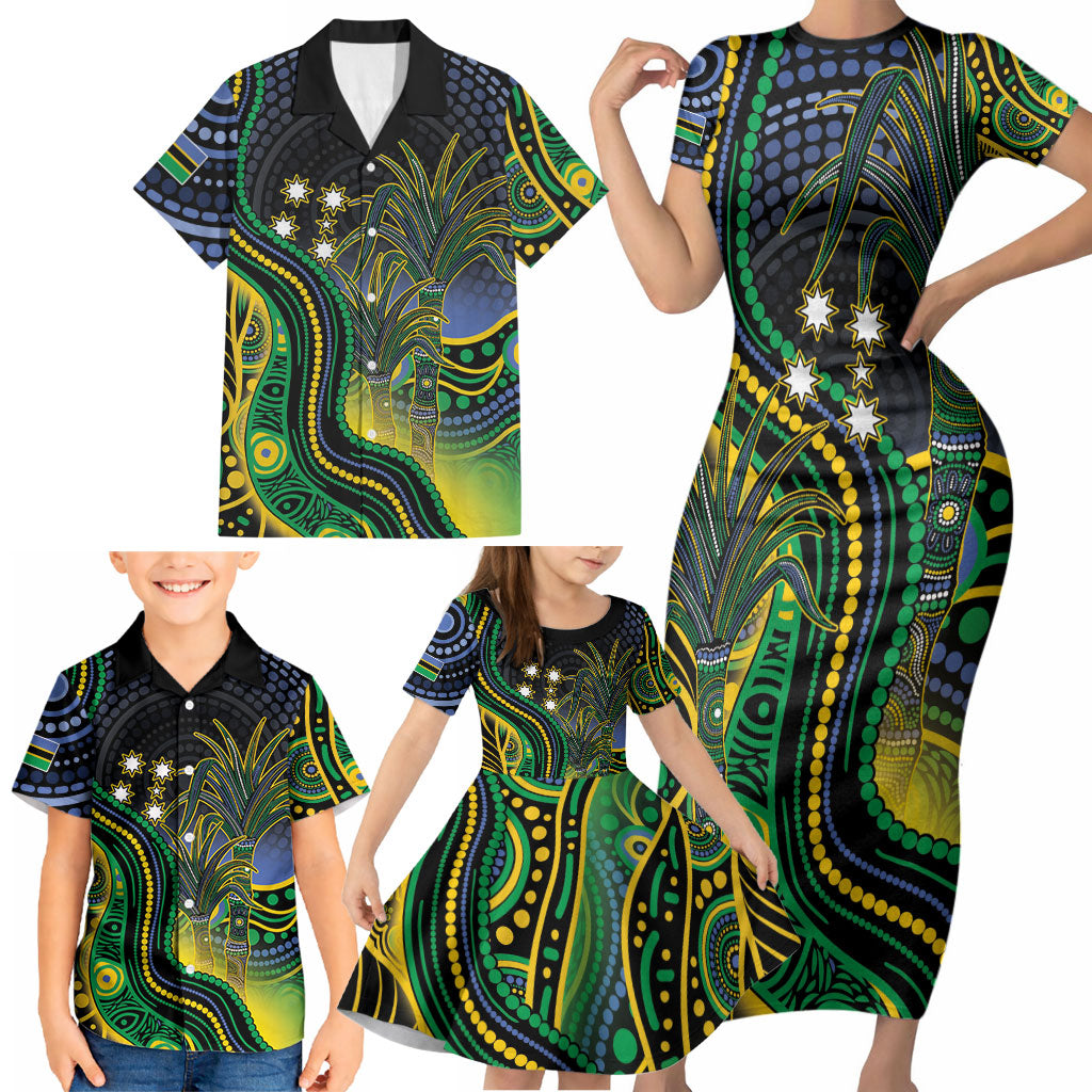 Australian South Sea Islander National Recognition Day Family Matching Short Sleeve Bodycon Dress and Hawaiian Shirt Southern Cross Aboriginal Dot Art Sugarcane