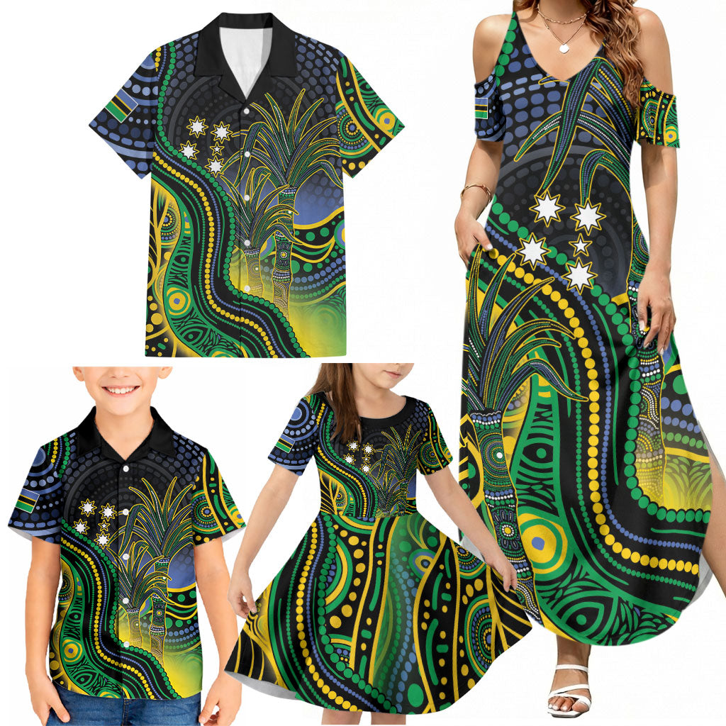 Australian South Sea Islander National Recognition Day Family Matching Summer Maxi Dress and Hawaiian Shirt Southern Cross Aboriginal Dot Art Sugarcane