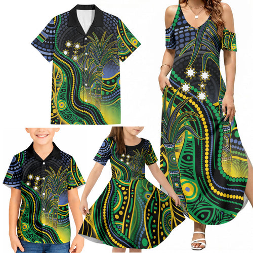 Australian South Sea Islander National Recognition Day Family Matching Summer Maxi Dress and Hawaiian Shirt Southern Cross Aboriginal Dot Art Sugarcane