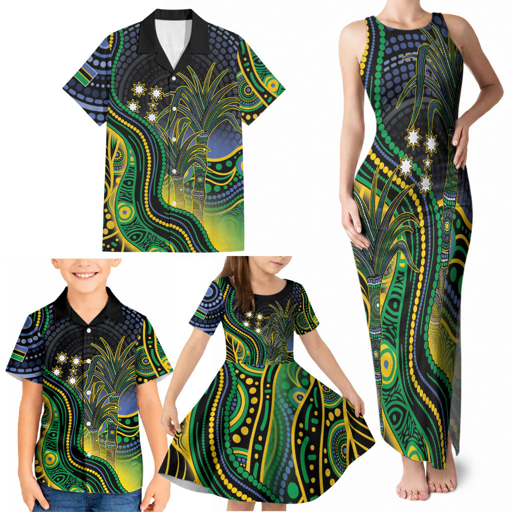 Australian South Sea Islanders National Recognition Day Family Matching Tank Maxi Dress and Hawaiian Shirt Southern Cross Aboriginal Dot Art Sugarcane