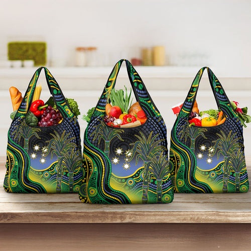 Australian South Sea Islanders National Recognition Day Grocery Bag Southern Cross Aboriginal Dot Art Sugarcane