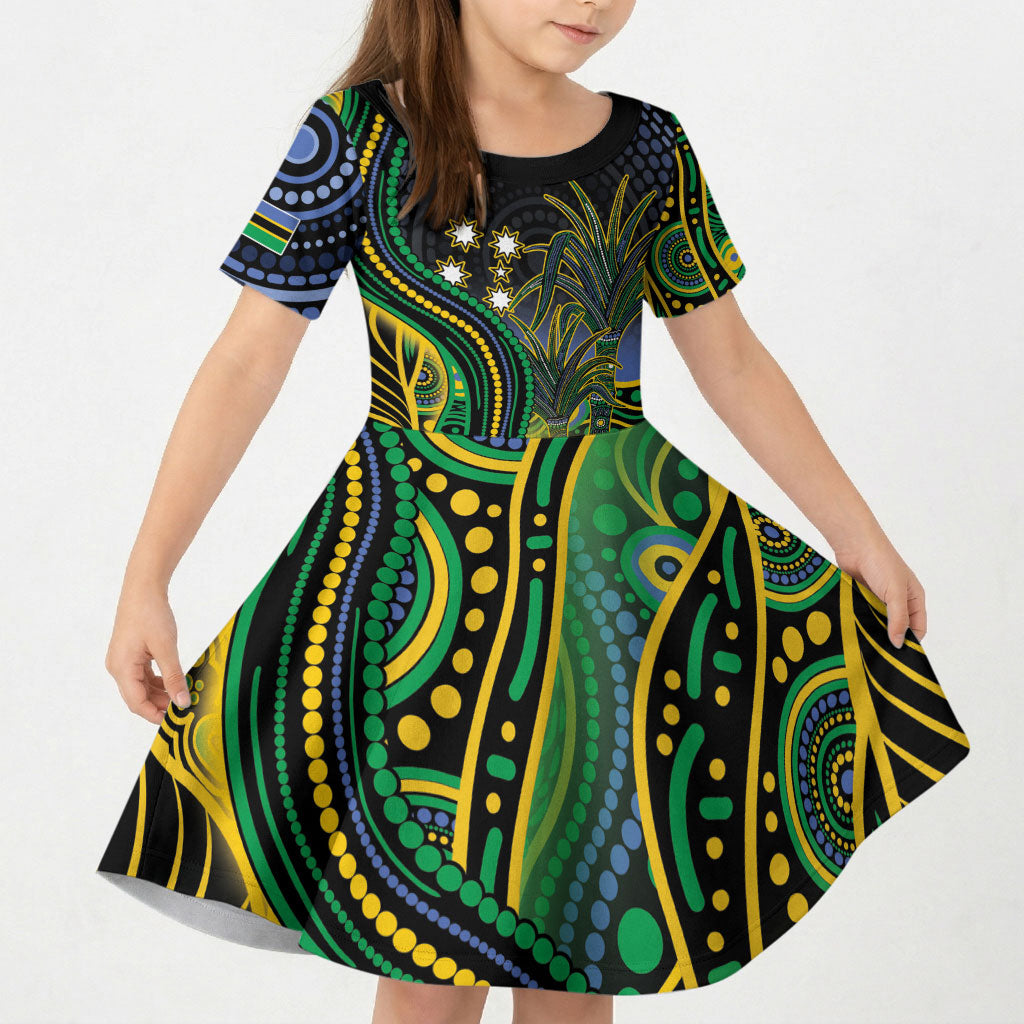 Australian South Sea Islander National Recognition Day Kid Short Sleeve Dress Southern Cross Aboriginal Dot Art Sugarcane