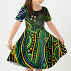 Australian South Sea Islander National Recognition Day Kid Short Sleeve Dress Southern Cross Aboriginal Dot Art Sugarcane