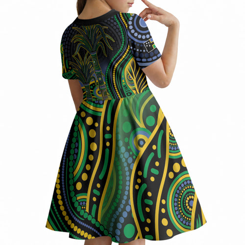 Australian South Sea Islanders National Recognition Day Kid Short Sleeve Dress Southern Cross Aboriginal Dot Art Sugarcane