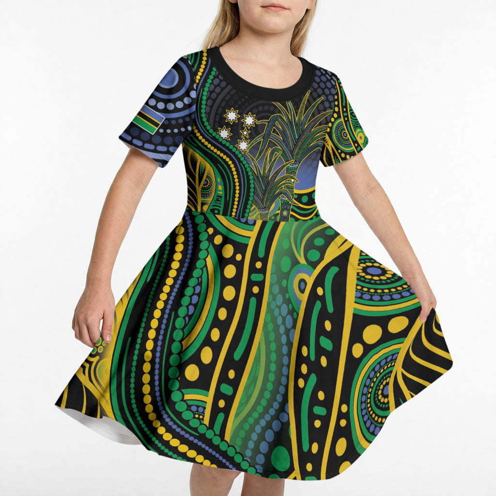 Australian South Sea Islander National Recognition Day Kid Short Sleeve Dress Southern Cross Aboriginal Dot Art Sugarcane