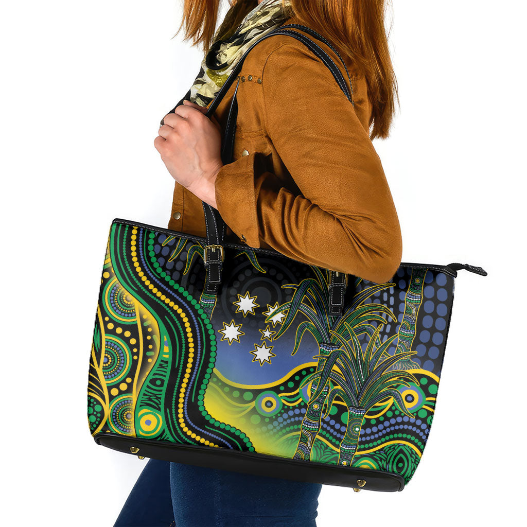 Australian South Sea Islander National Recognition Day Leather Tote Bag Southern Cross Aboriginal Dot Art Sugarcane