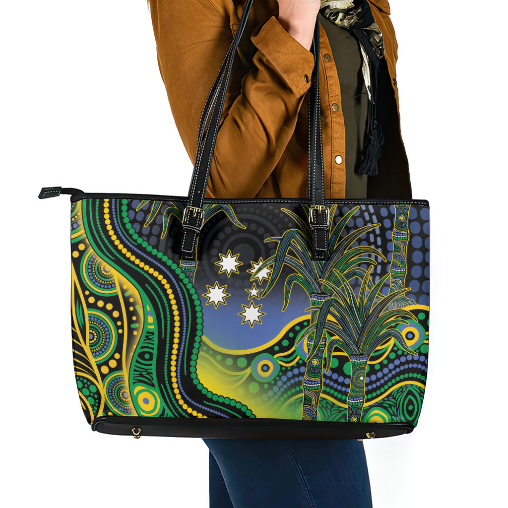 Australian South Sea Islander National Recognition Day Leather Tote Bag Southern Cross Aboriginal Dot Art Sugarcane