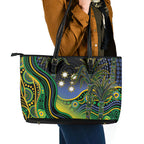 Australian South Sea Islander National Recognition Day Leather Tote Bag Southern Cross Aboriginal Dot Art Sugarcane