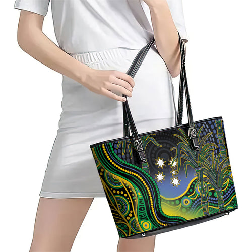 Australian South Sea Islanders National Recognition Day Leather Tote Bag Southern Cross Aboriginal Dot Art Sugarcane