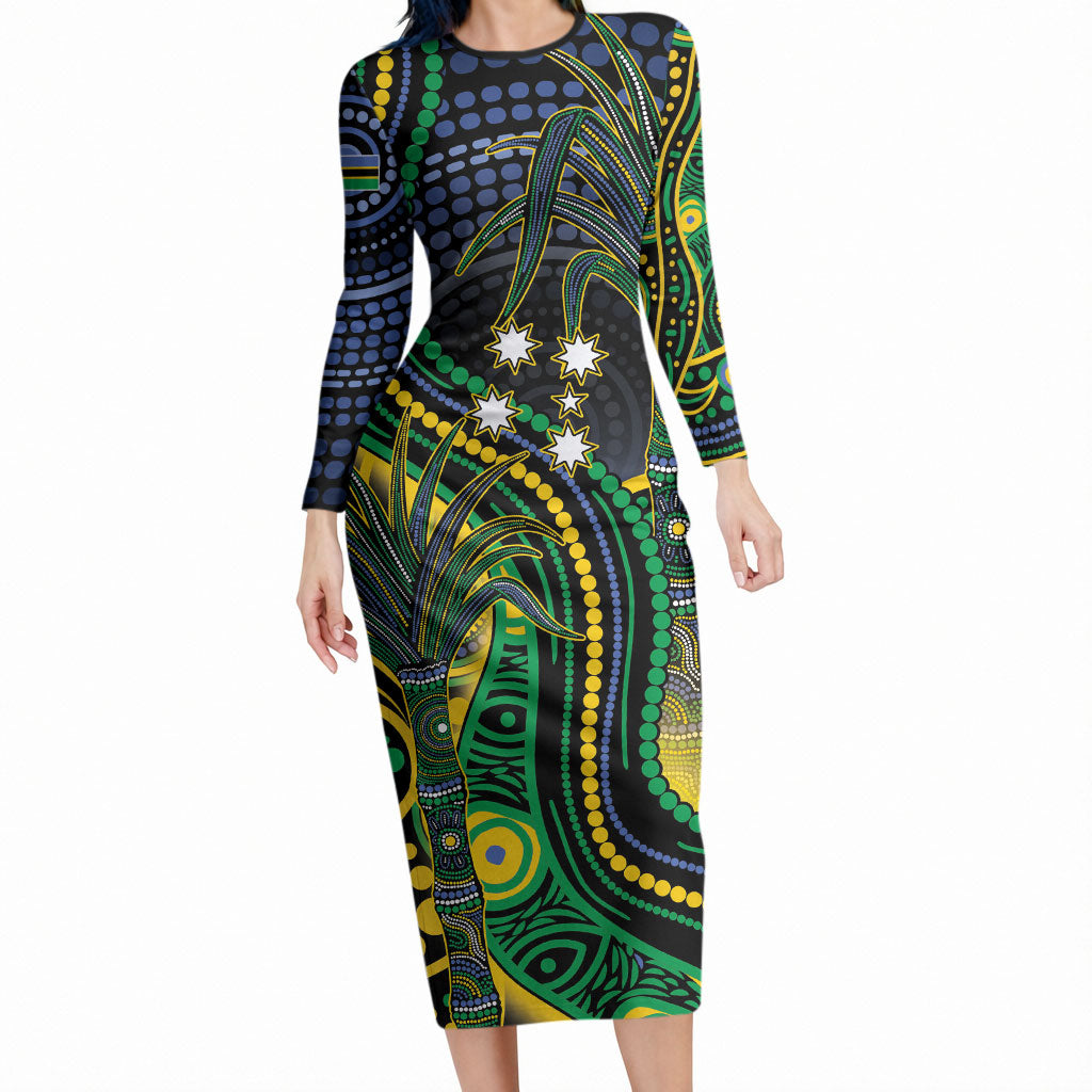Australian South Sea Islanders National Recognition Day Long Sleeve Bodycon Dress Southern Cross Aboriginal Dot Art Sugarcane