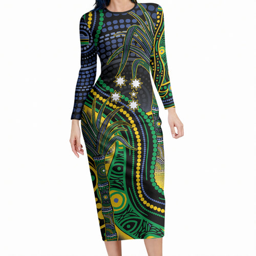 Australian South Sea Islanders National Recognition Day Long Sleeve Bodycon Dress Southern Cross Aboriginal Dot Art Sugarcane
