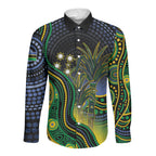 Australian South Sea Islanders National Recognition Day Long Sleeve Button Shirt Southern Cross Aboriginal Dot Art Sugarcane