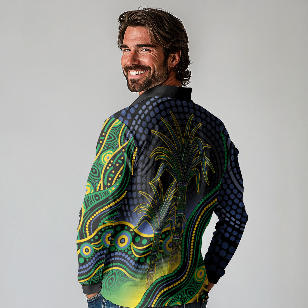 Australian South Sea Islander National Recognition Day Long Sleeve Polo Shirt Southern Cross Aboriginal Dot Art Sugarcane